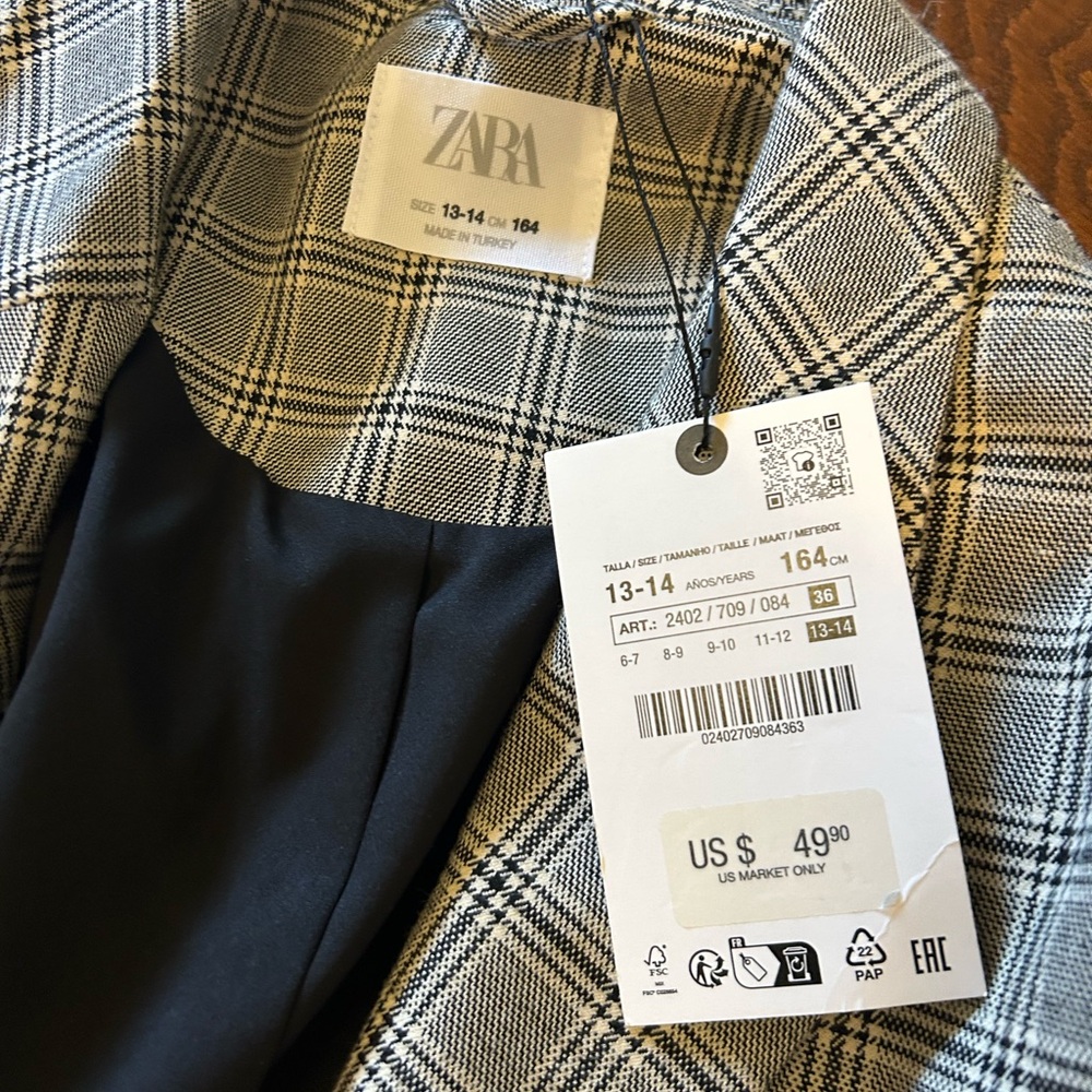 Zara Girls teen classic Black and White plaid blazer jacket